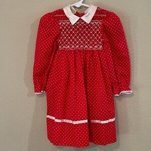 Polly Flinders Red Polka Dot Girls' Smocked Dress with White Collar